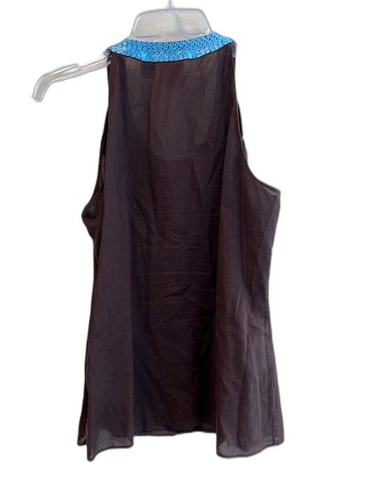 Tory Burch Size 4 Brown & Turqoise Cotton Side Zip Scoop Neck Sleevel Print Top Brown & Turqoise / 4