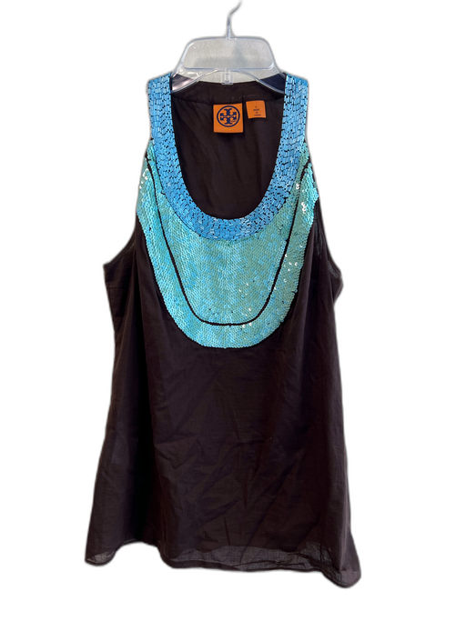 Tory Burch Size 4 Brown & Turqoise Cotton Side Zip Scoop Neck Sleevel Print Top Brown & Turqoise / 4