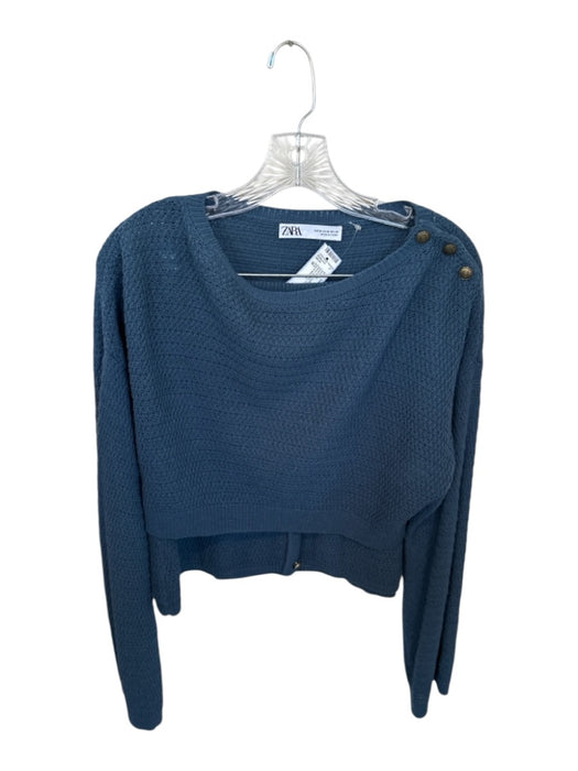 Zara Size M Slate Blue Cotton Blend Knit Long Sleeve Buttons Cropped Skirt Set Slate Blue / M
