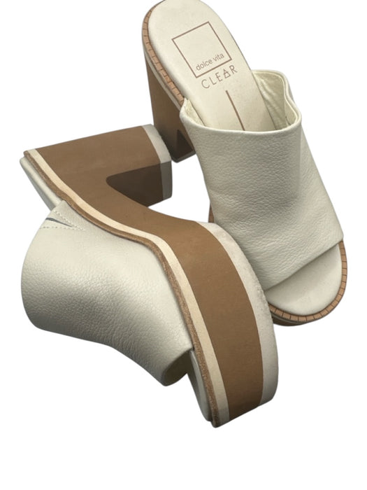 Dolce Vita Shoe Size 6.5 Beige & Tan Leather Block Heel Peep Toe Platform Mules Beige & Tan / 6.5