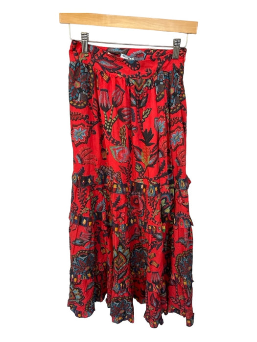 Farm Rio Size XS Red & Blue Viscose Side Zip Flowers Ruffles Maxi Skirt Red & Blue / XS