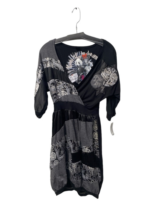 Desigual Size Large Black & Gray Viscose Blend V Neck Half Sleeve Graphic Dress Black & Gray / Large