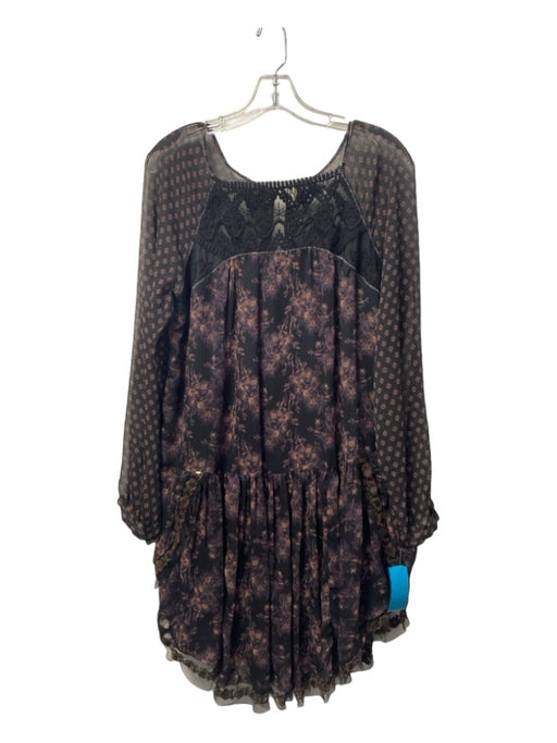 Free People Size Large Black & Purple Polyester Long Sheer Sleeves Dress Black & Purple / Large