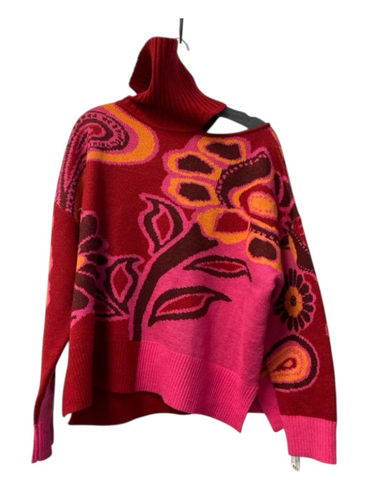 Farm Rio Size M Red, Pink, Orange Acrylic Blend Floral Turtleneck Cutout Sweater Red, Pink, Orange / M