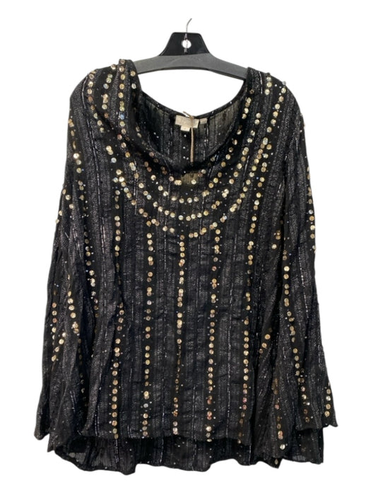 Let Me Be Size S Black & Gold Rayon Blend Sequin Design V Neck Flare Sleeves Top Black & Gold / S