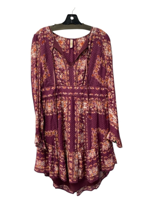 Free People Size M Merlot & Multi Viscose V Neck Long Sleeve Midi Dress Merlot & Multi / M