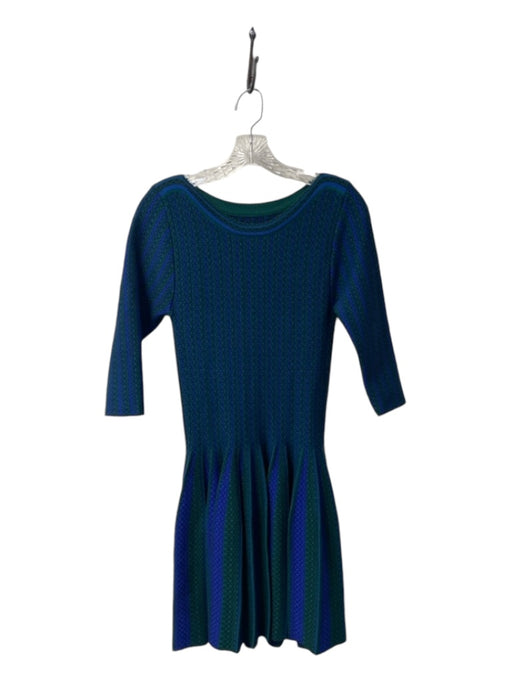 Theory Size Medium Blue & Green Silk & Polyester Round Neck 3/4 Sleeve Dress Blue & Green / Medium