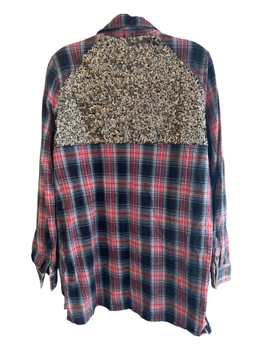 Free People Size M Blue & Red Cotton Sequin Detail Plaid Button Up Top Blue & Red / M