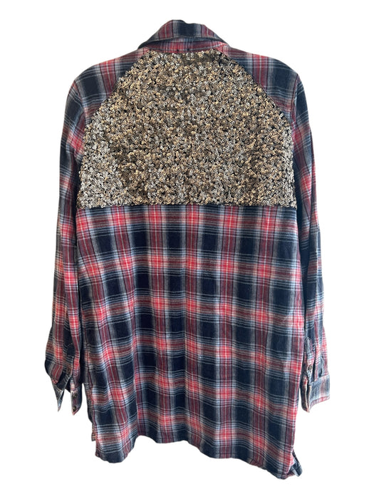 Free People Size M Blue & Red Cotton Sequin Detail Plaid Button Up Top Blue & Red / M