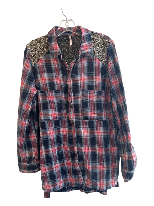 Free People Size M Blue & Red Cotton Sequin Detail Plaid Button Up Top Blue & Red / M