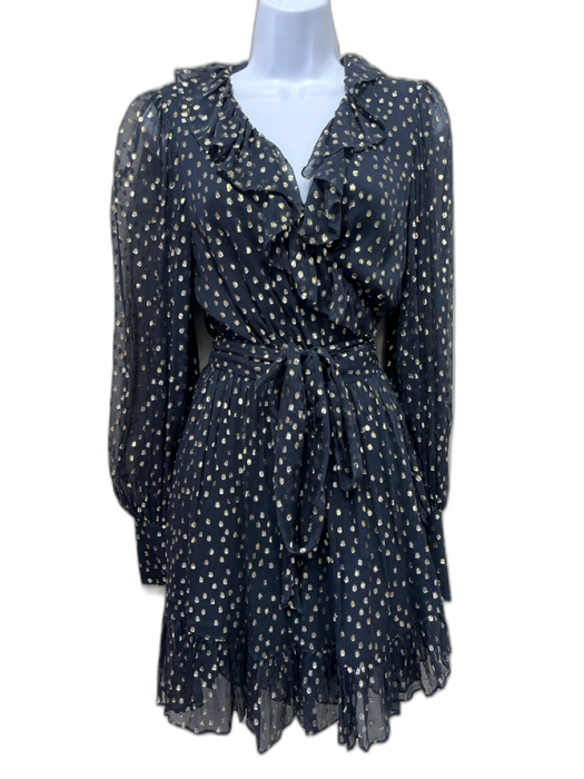 Zimmermann Size 3 Black Blue Silk Shimmer Clipped Dots Ruffle Dress Black Blue / 3