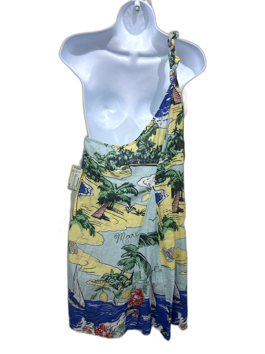 Celandine Size L Blue & Multi Linen & Viscose One Shoulder Graphic Print Dress Blue & Multi / L