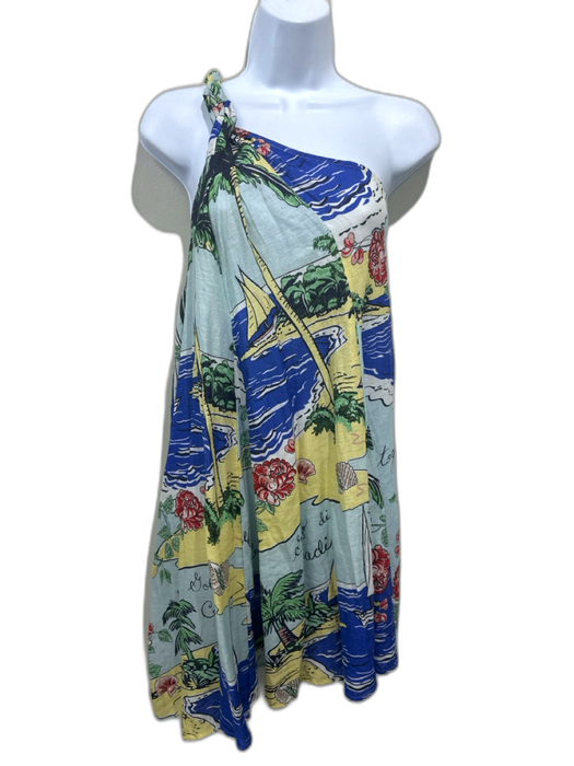 Celandine Size L Blue & Multi Linen & Viscose One Shoulder Graphic Print Dress Blue & Multi / L