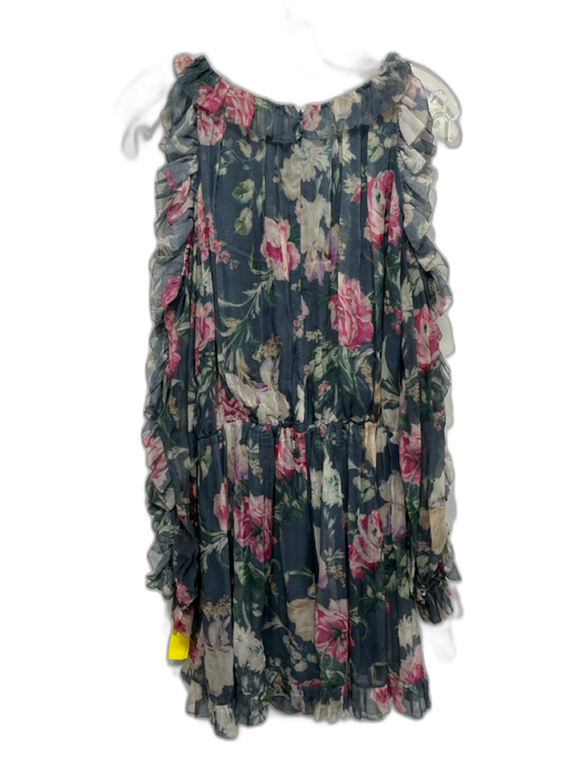 Zimmermann Size 2 Grey & Multi Silk floral print Ruffle Tie Detail Cutout Romper Grey & Multi / 2