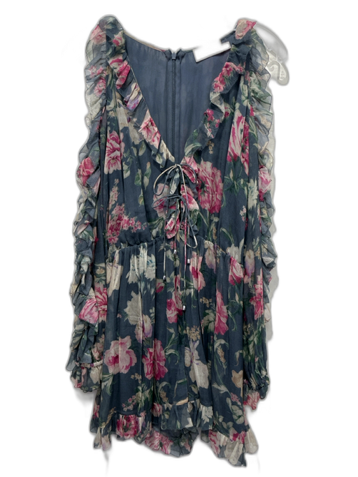 Zimmermann Size 2 Grey & Multi Silk floral print Ruffle Tie Detail Cutout Romper Grey & Multi / 2