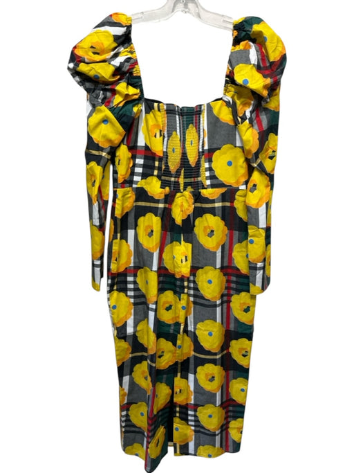 Deloreta Size M Black & Multi Cotton Back Zip Square Neck Puff Sleeve Dress Black & Multi / M