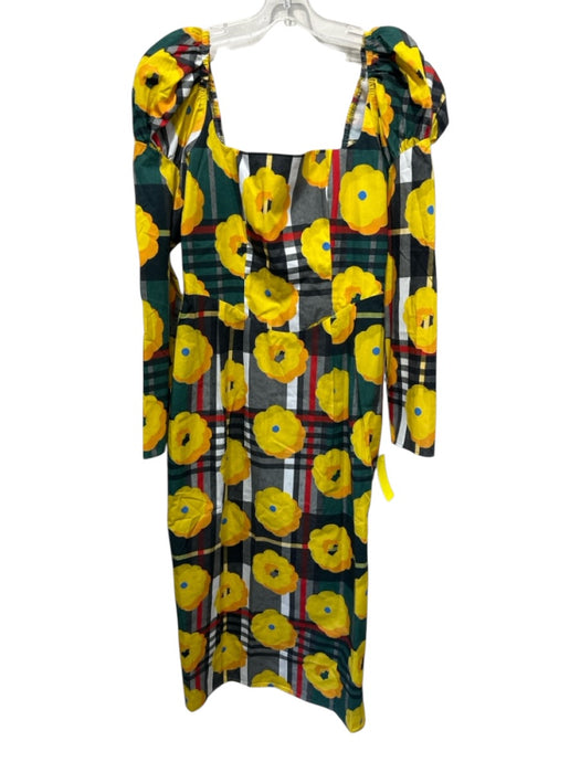 Deloreta Size M Black & Multi Cotton Back Zip Square Neck Puff Sleeve Dress Black & Multi / M