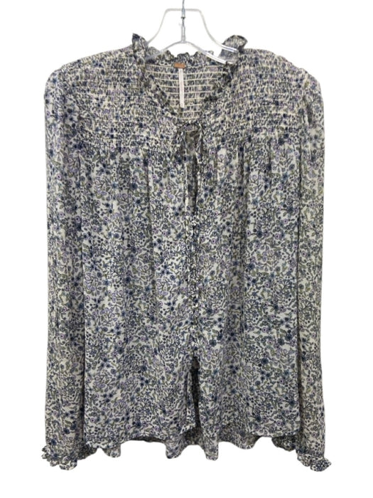 Free People Size M Cream & Multi Polyester Shirred Floral Print Tie Detail Top Cream & Multi / M