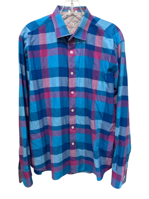 Bugatchi Size Est L Blue & Purple Cotton Plaid Button Up Men's Long Sleeve Shirt Blue & Purple / Est L