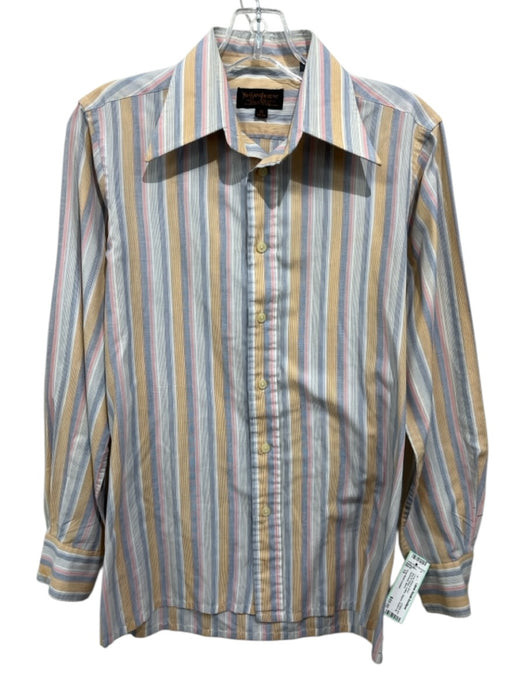 Yves Saint Laurent Size 15 Blue & Yellow Cotton Striped Men's Long Sleeve Shirt Blue & Yellow / 15