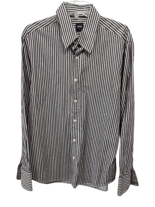 Boss Size XL Brown & White Cotton Striped Button Up Men's Long Sleeve Shirt Brown & White / XL