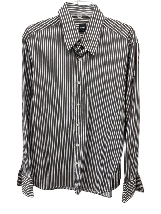 Boss Size XL Brown & White Cotton Striped Button Up Men's Long Sleeve Shirt Brown & White / XL