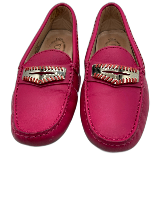 Tods Shoe Size 37.5 Fuchsia Leather whipstitch trim Round Toe loafer Flats Fuchsia / 37.5