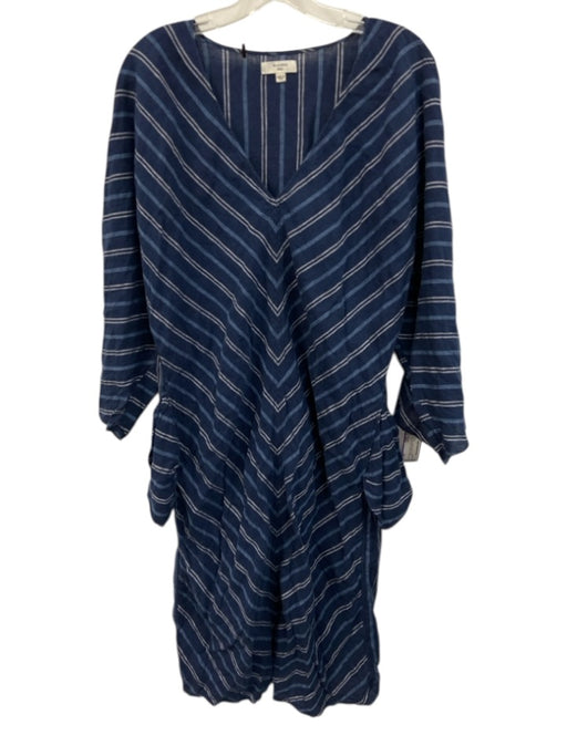 Billy Reid Size XS/S Navy Blue & White Linen V Neck Chevron Detail Pockets Dress Navy Blue & White / XS/S