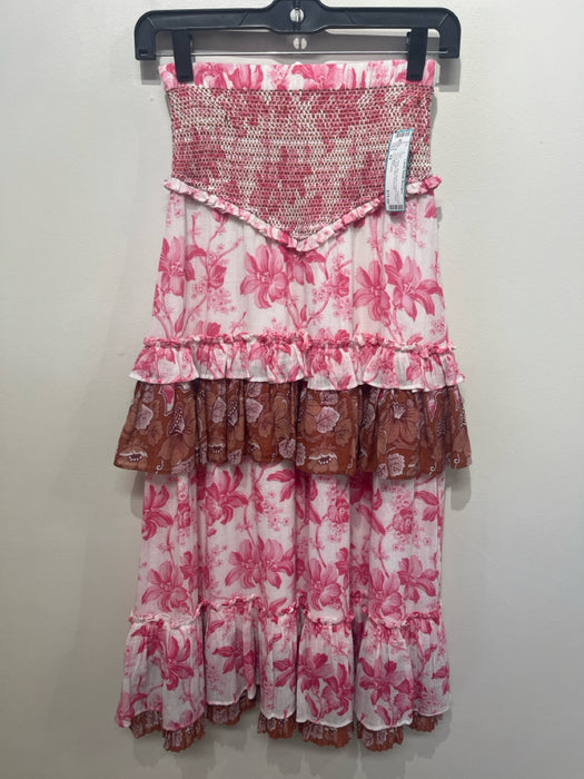 Love The Label Size XS White, Pink, Brown Cotton Floral Tiered Ruffle Maxi Skirt