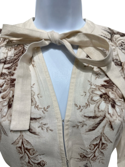 Zimmermann Size 0 Cream & Brown Linen Tie Belt Long Sleeve Tie Neck V Neck Dress Cream & Brown / 0