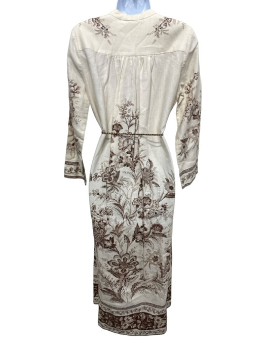 Zimmermann Size 0 Cream & Brown Linen Tie Belt Long Sleeve Tie Neck V Neck Dress Cream & Brown / 0