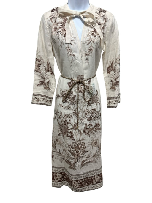 Zimmermann Size 0 Cream & Brown Linen Tie Belt Long Sleeve Tie Neck V Neck Dress Cream & Brown / 0