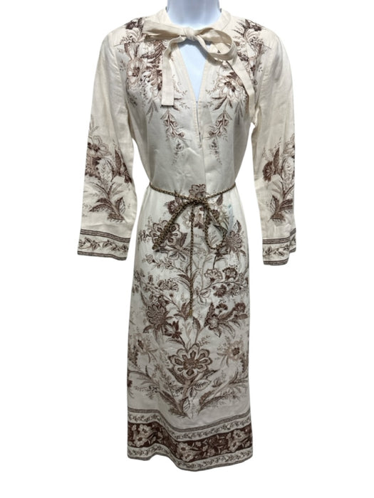 Zimmermann Size 0 Cream & Brown Linen Tie Belt Long Sleeve Tie Neck V Neck Dress Cream & Brown / 0