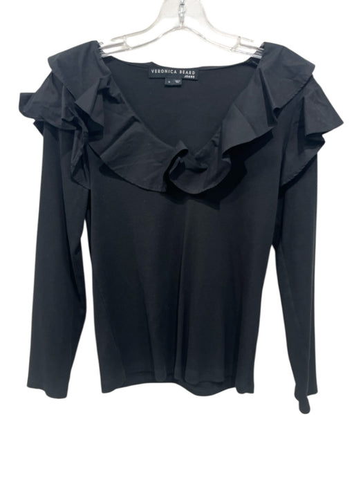 Veronica Beard Size S Black Cotton Blend ruffles Long Sleeve Mixed Fabric Top Black / S