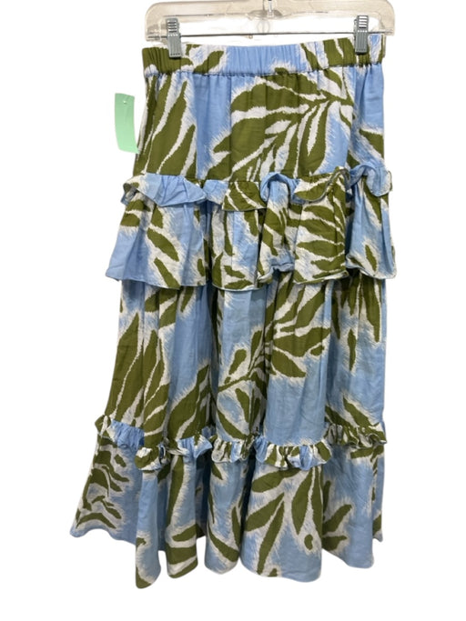Tanya Taylor Size XS Blue & Green Cotton Elastic Waist Ruffles Midi Skirt Blue & Green / XS