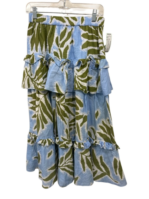 Tanya Taylor Size XS Blue & Green Cotton Elastic Waist Ruffles Midi Skirt Blue & Green / XS
