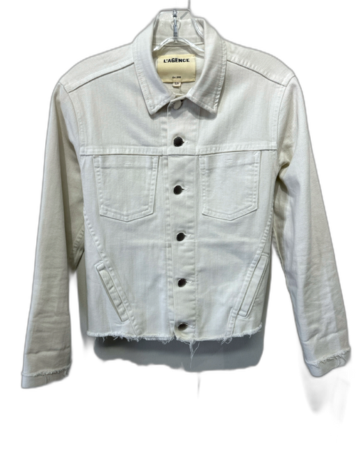 L'agence Size S/P White Cotton Denim Silver Buttons Patch Pocket Raw Hem Jacket White / S/P