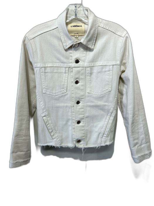 L'agence Size S/P White Cotton Denim Silver Buttons Patch Pocket Raw Hem Jacket White / S/P