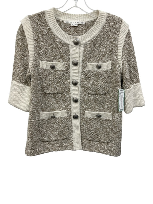 Veronica Beard Size XS Cream & Brown Cotton Blend Boucle 1/2 Sleeve Sweater Cream & Brown / XS