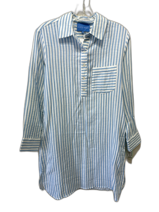 Alice Walk Size XS Blue & White Cotton Long Sleeve Striped 1/4 Button Dress Blue & White / XS