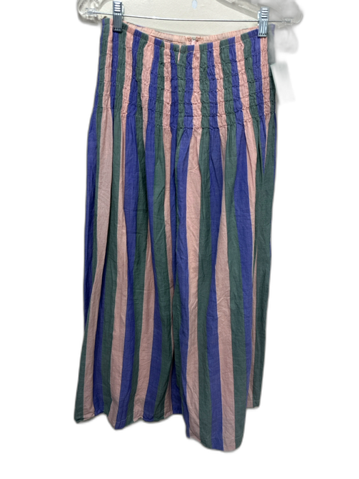 Mirth Size S Pink, Blue & Green Cotton Pleated Shoulder Strap Striped Skirt Set Pink, Blue & Green / S