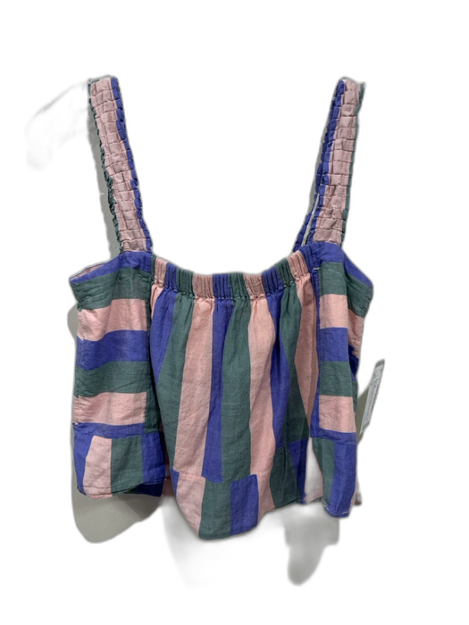 Mirth Size S Pink, Blue & Green Cotton Pleated Shoulder Strap Striped Skirt Set Pink, Blue & Green / S