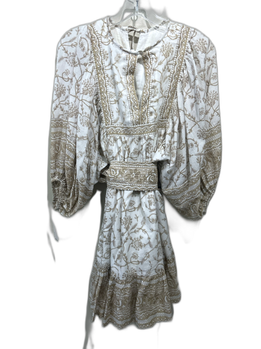Cleobella Size XS Tan & White Cotton Long Balloon Sleeve Floral Print Dress Tan & White / XS