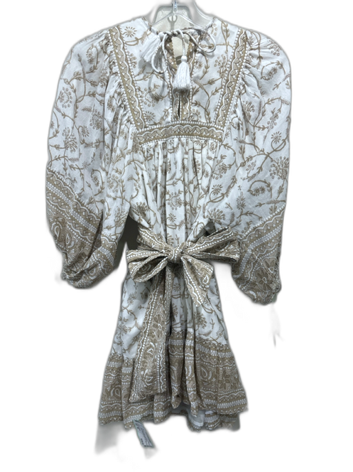Cleobella Size XS Tan & White Cotton Long Balloon Sleeve Floral Print Dress Tan & White / XS