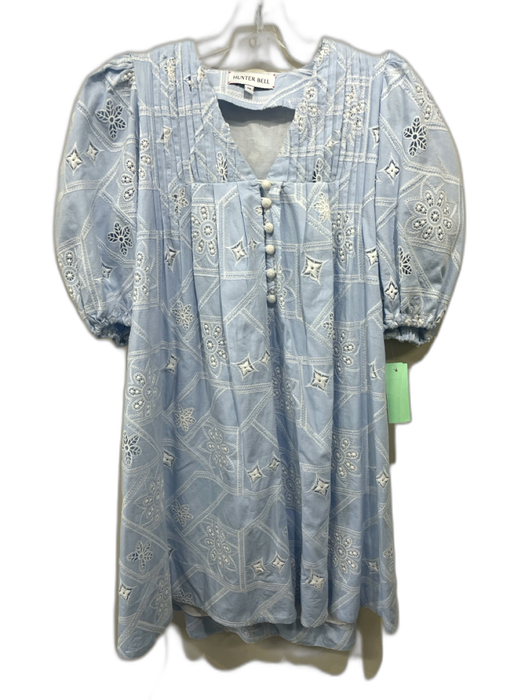 Hunter Bell Size XS Blue & White Cotton Short Balloon Sleeve V Neck Dress Blue & White / XS