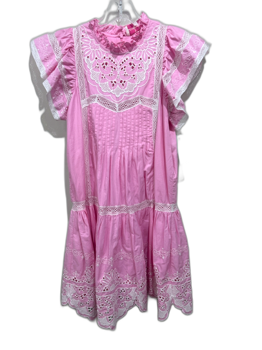 Love The Label Size XS Pink & White Cotton Short Cap Sleeve Ruffle Neck Dress Pink & White / XS