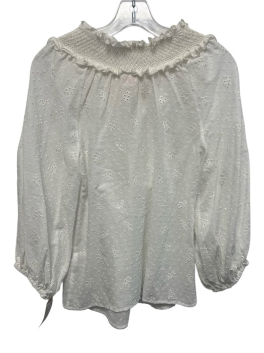 Loretta Caponi Firenze Size XS White Cotton Long Sleeve Smocked Neck Top White / XS