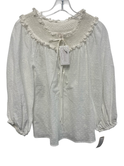 Loretta Caponi Firenze Size XS White Cotton Long Sleeve Smocked Neck Top White / XS