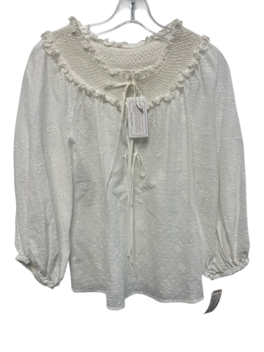 Loretta Caponi Firenze Size XS White Cotton Long Sleeve Smocked Neck Top White / XS