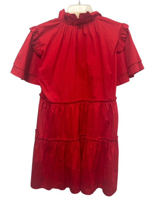 Sofia Size S Red Cotton Button Neck Short Trumpet Sleeve pleats Below knee Dress Red / S